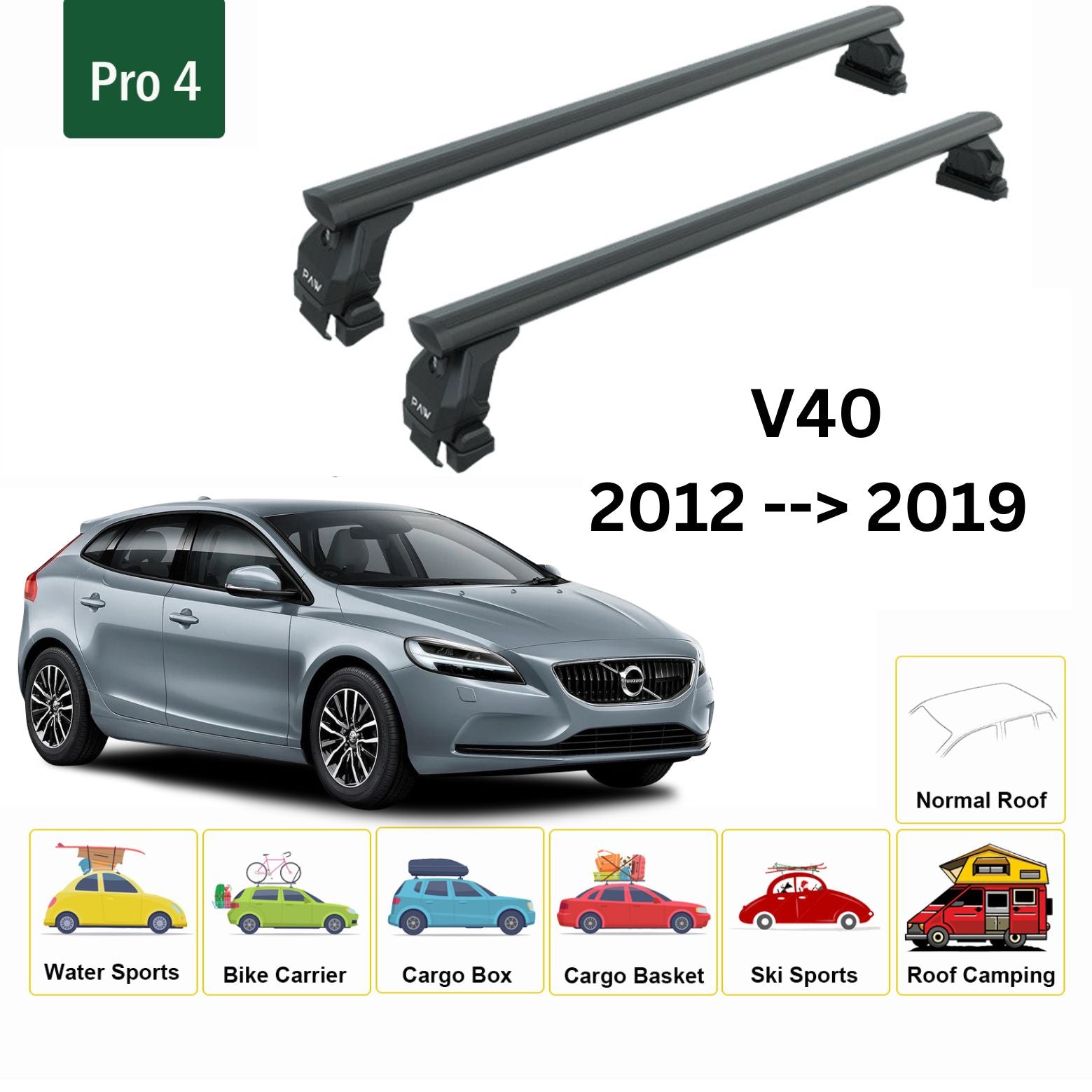 Für Volvo V40 2012–19 Dachträger, Querträger, Metallhalterung, normales Dach, Alu, Silber