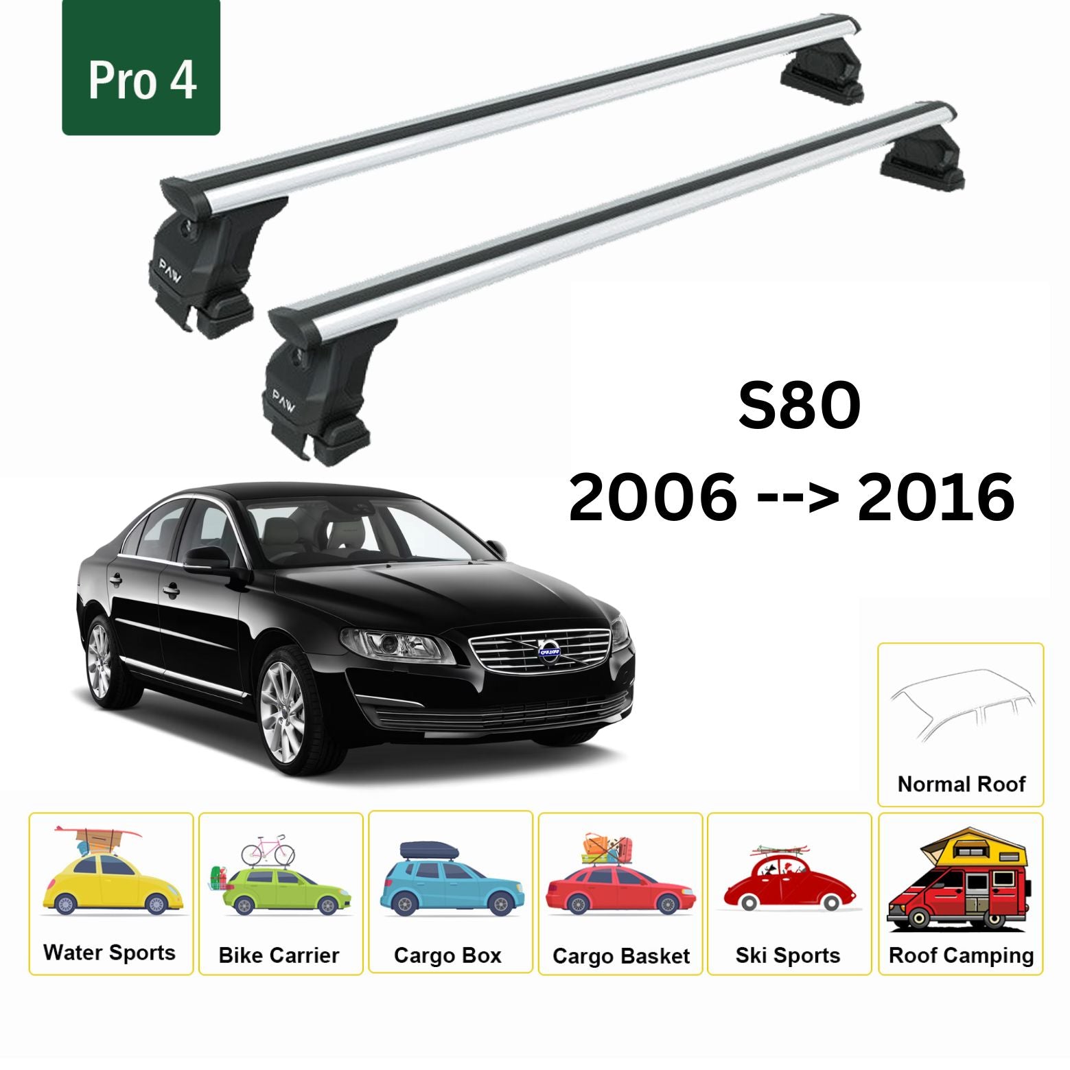 For Volvo S80 2006-16 Roof Rack Cross Bar Normal Roof Alu Silver