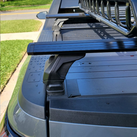 For RAM 1500 (2009-2025) Bed Rack Cross Bars with Metal Brackets (Aluminum, Silver) + RealTruck Tonneau Cover w/ T-Slot Rails