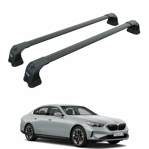 BMW 5 Series Sedan G60 2024-Up with black fix point roof rack cross bars installed