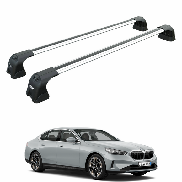 BMW 5 Series Sedan G60 2024-Up with silver fix point roof rack cross bars installed