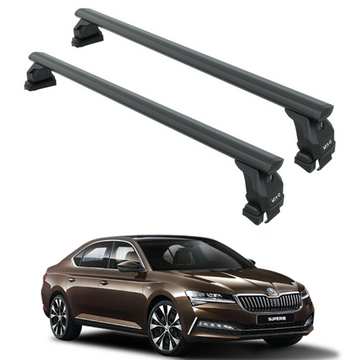 Aluminum roof rack cross bars for a Skoda Superb Sedan B8, presented in black color.