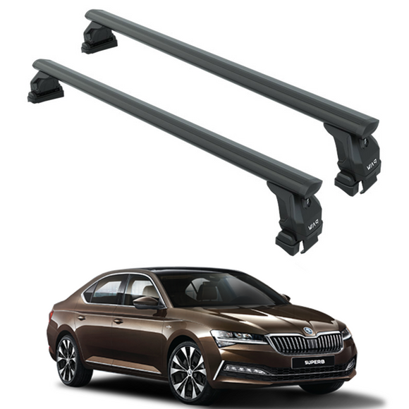 Aluminum roof rack cross bars for a Skoda Superb Sedan B8, presented in black color.