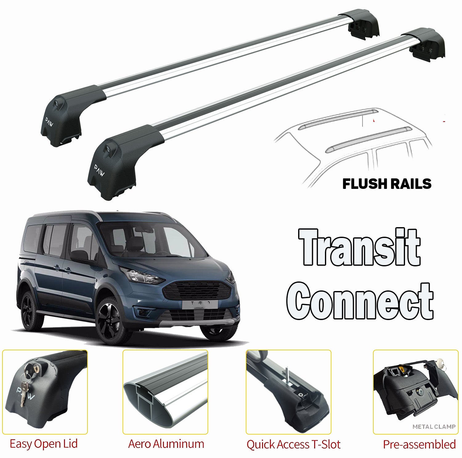 Für Ford Transit Connect LWB 2008–2012, Dachträgersystem, Träger, Querträger, Aluminium, abschließbar, hochwertige Metallhalterung, Silber - 0