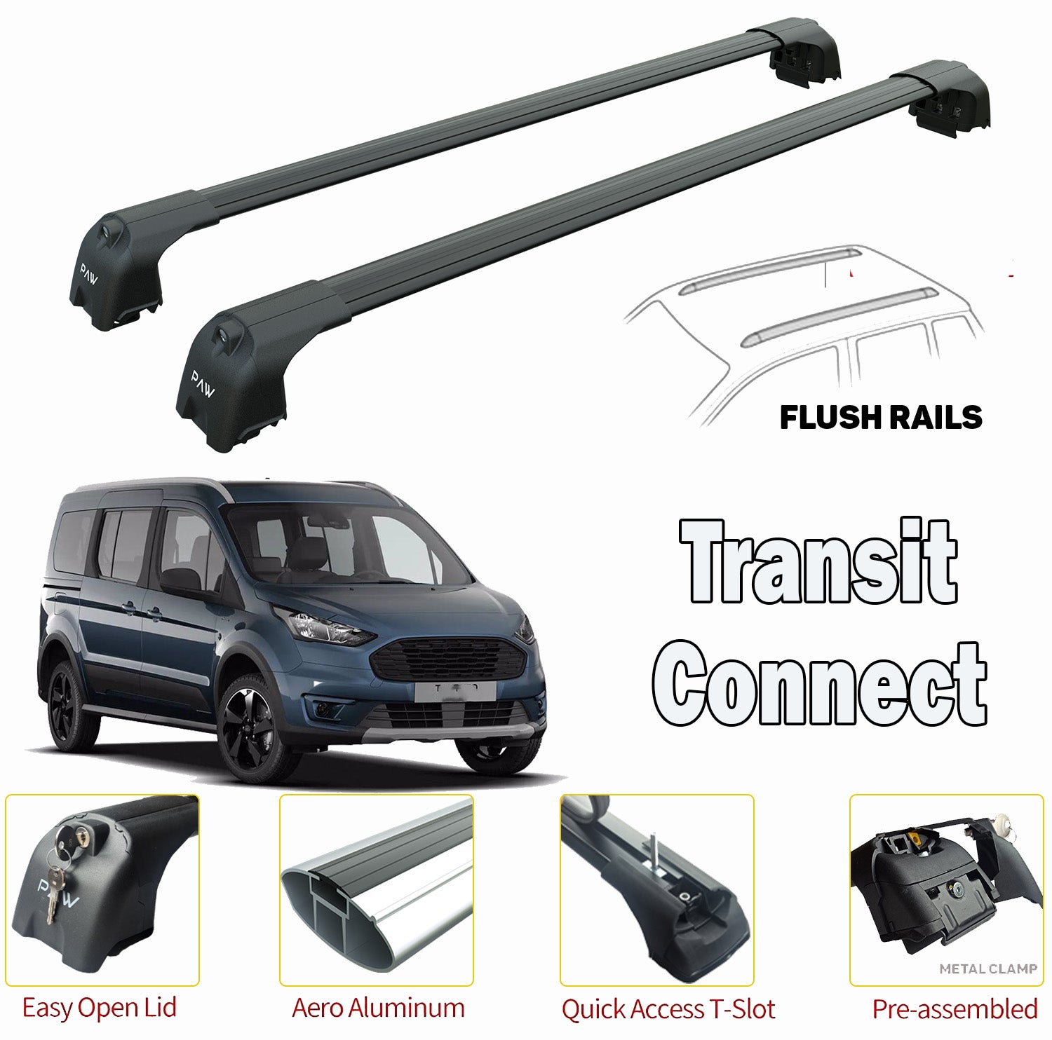 For Ford Tourneo Connect SWB 2014-2023 Roof Rack Cross Bars Flush Rail Alu Black - 0