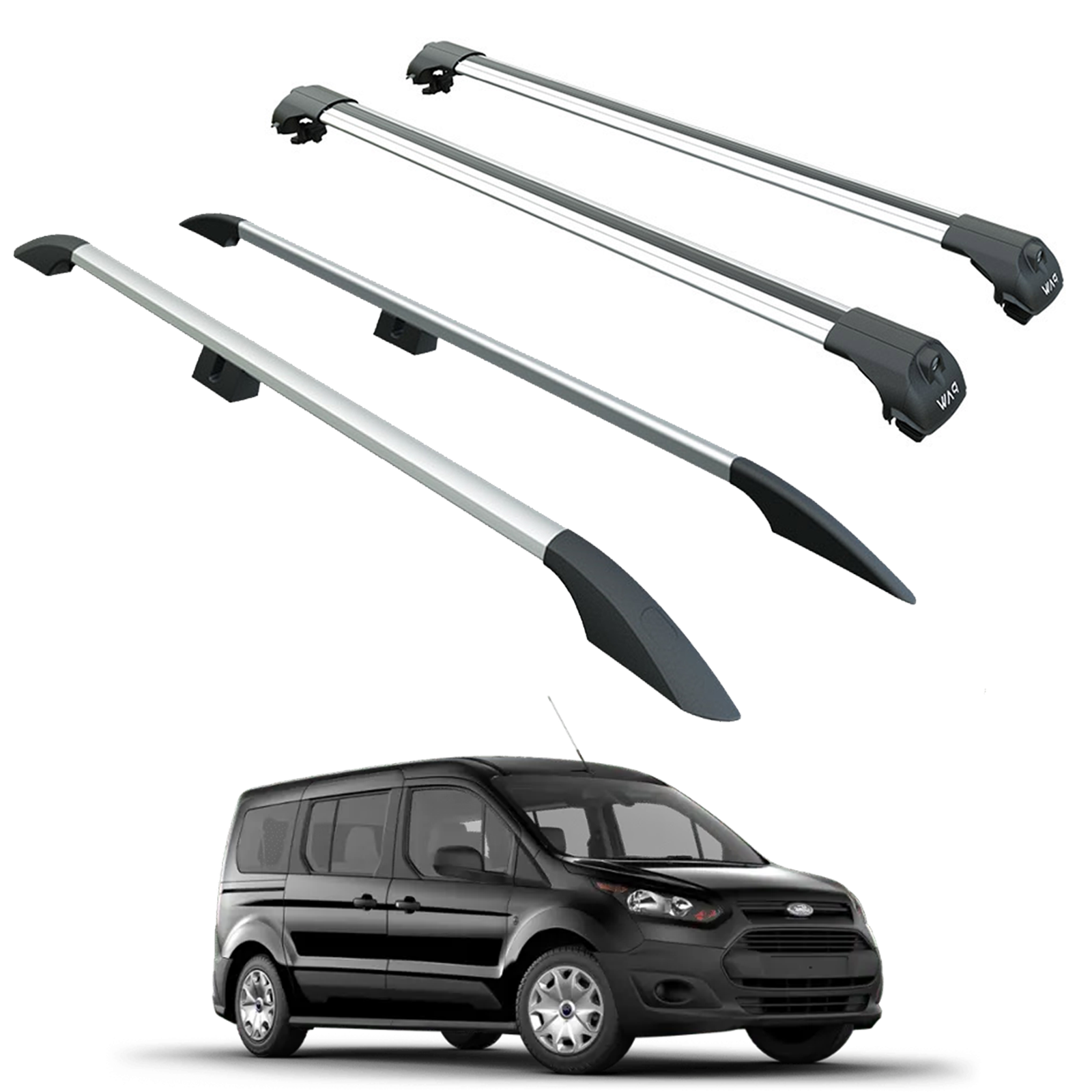 For Ford Transit Connect LWB Roof Side Rails and Roof Rack Cross Bars Alu Silver 2014-Up