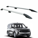 Silver aluminum roof side rails designed for the Ford Ford Transit Courier 2023-2025, depicted above the vehicle.