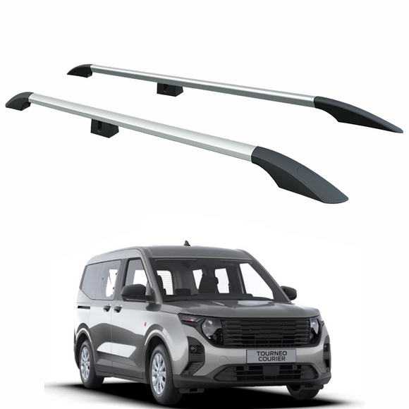 Silver aluminum roof side rails designed for the Ford Ford Transit Courier 2023-2025, depicted above the vehicle.