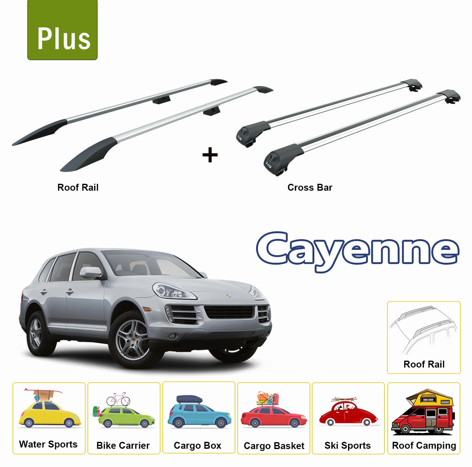 Fit for Porsche Cayenne Roof Side Rails Rack & Cross Bars 2003-2010 Silver Full Set - 0