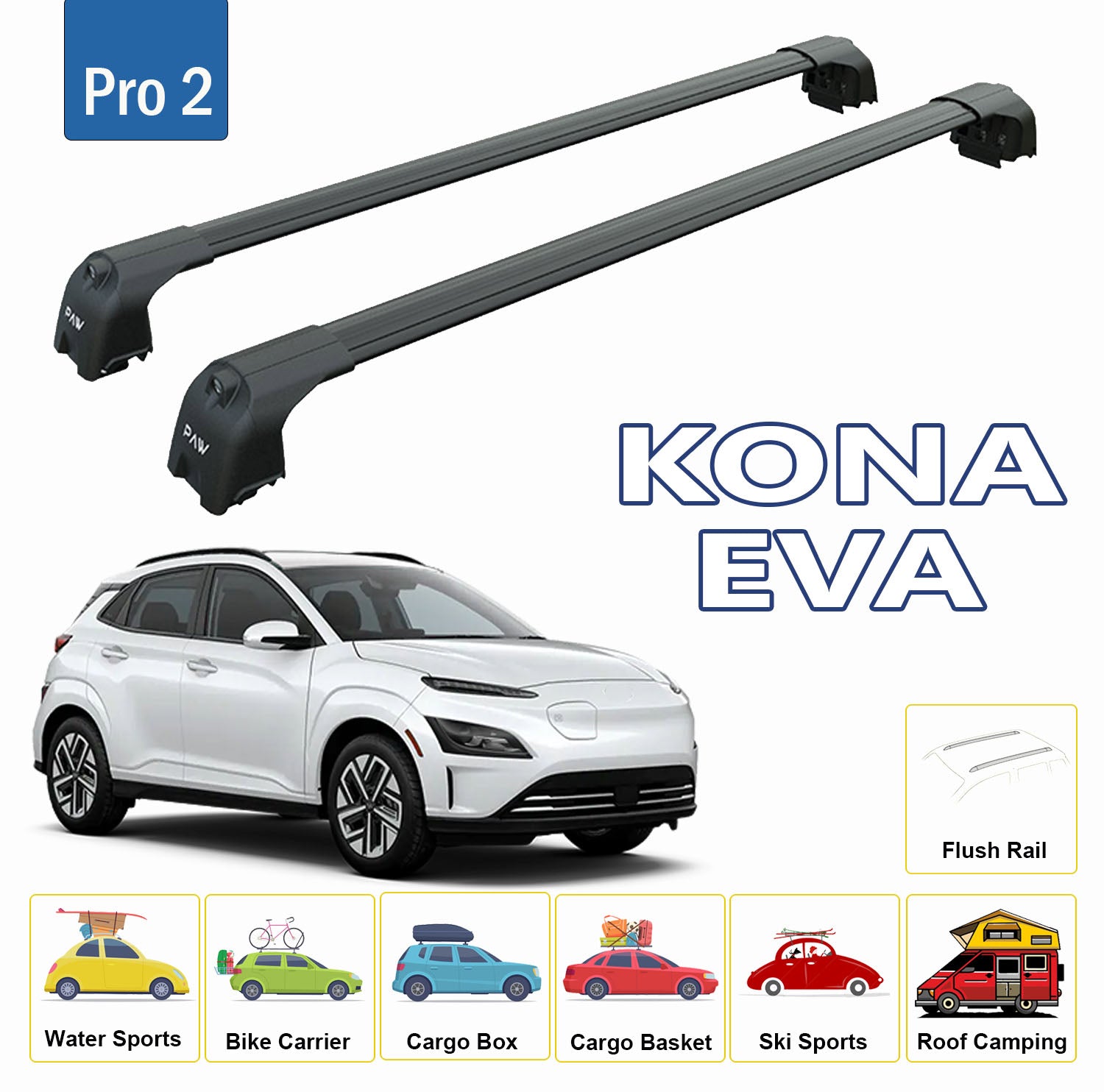 For Hyundai Kona EVA 2023-Up Roof Rack Cross Bars Flush Rail Alu Black - 0