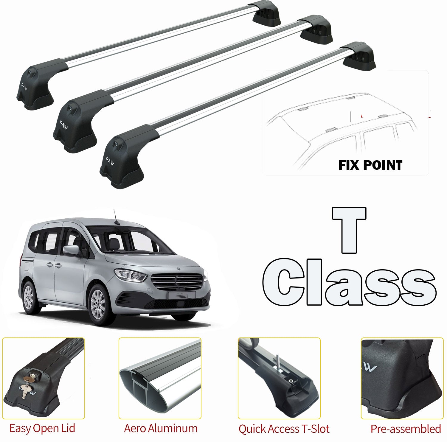 For Mercedes Benz T 2022-Up 3Qty Roof Rack Cross Bars Metal Bracket Fix Point Alu Silver - 0