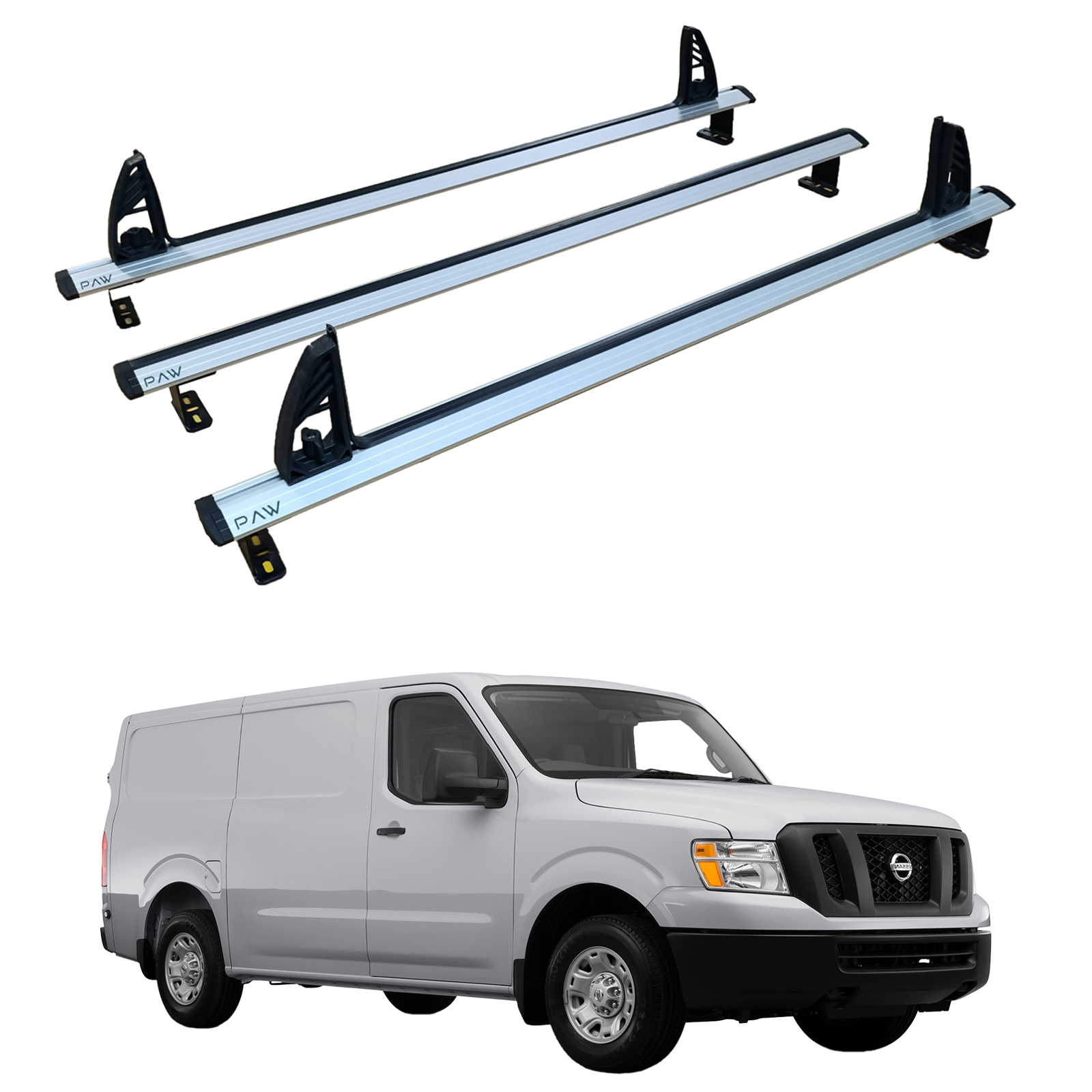 Paw H1 Ladder Roof Rack For Nissan NV Cargo Vans Pratik Series Silver 3 Bar