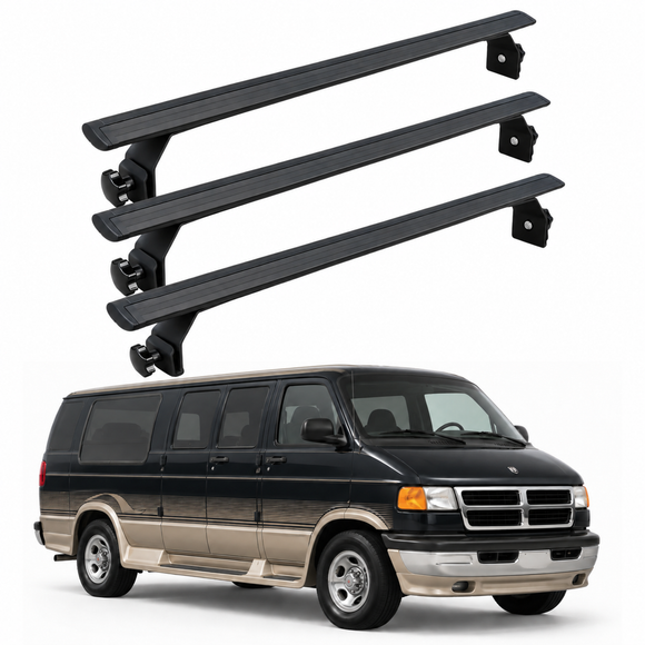 For Dodge Ram Van (B-Series) 1998-2003 Roof Rack Cross Bars (3QTY) Rain Gutter, Black