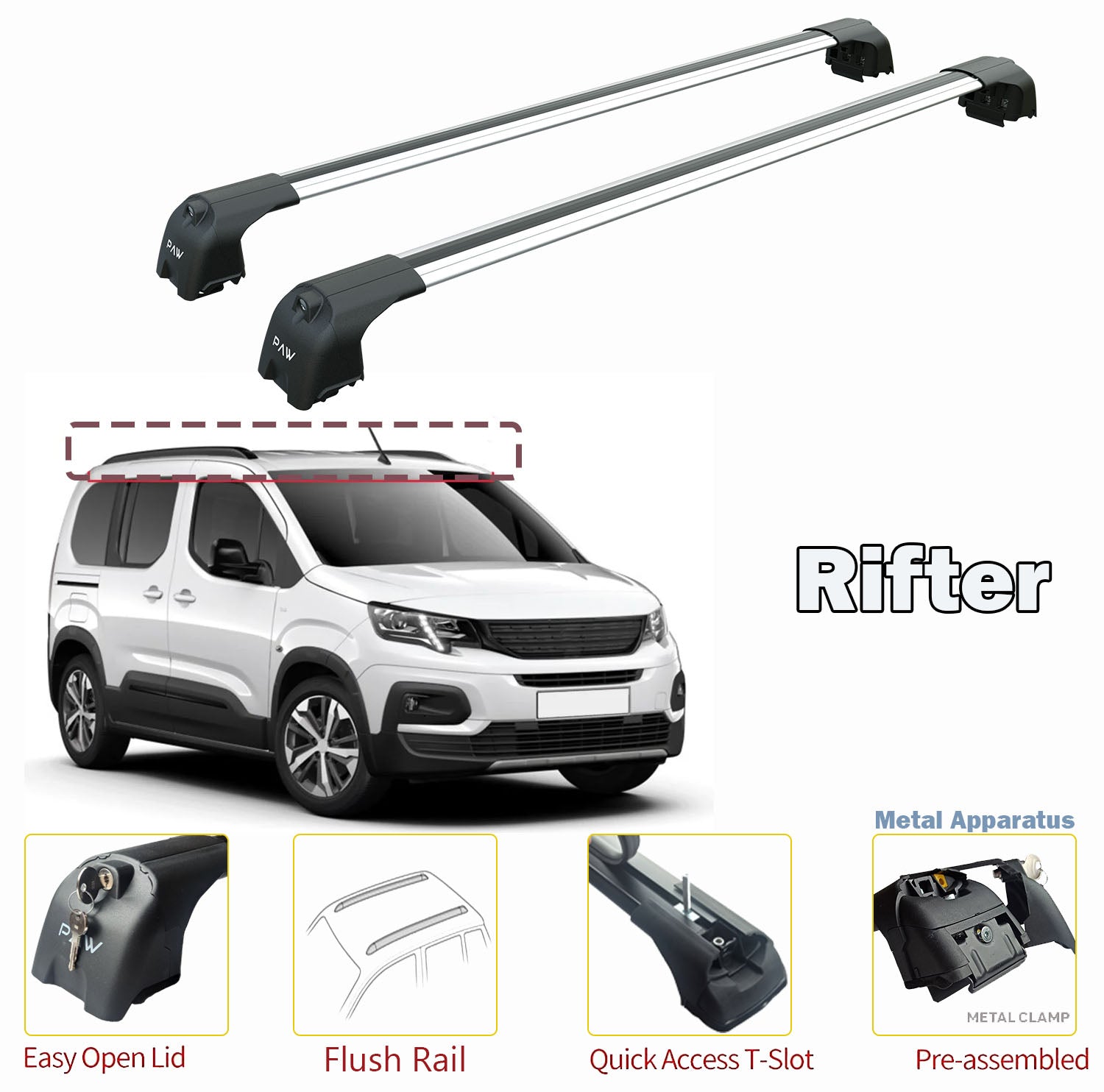 For Peugeot Rifter Roof Rack System, Aluminium Cross Bar, Metal Bracket, Flush Rail, Silver 2023- Up