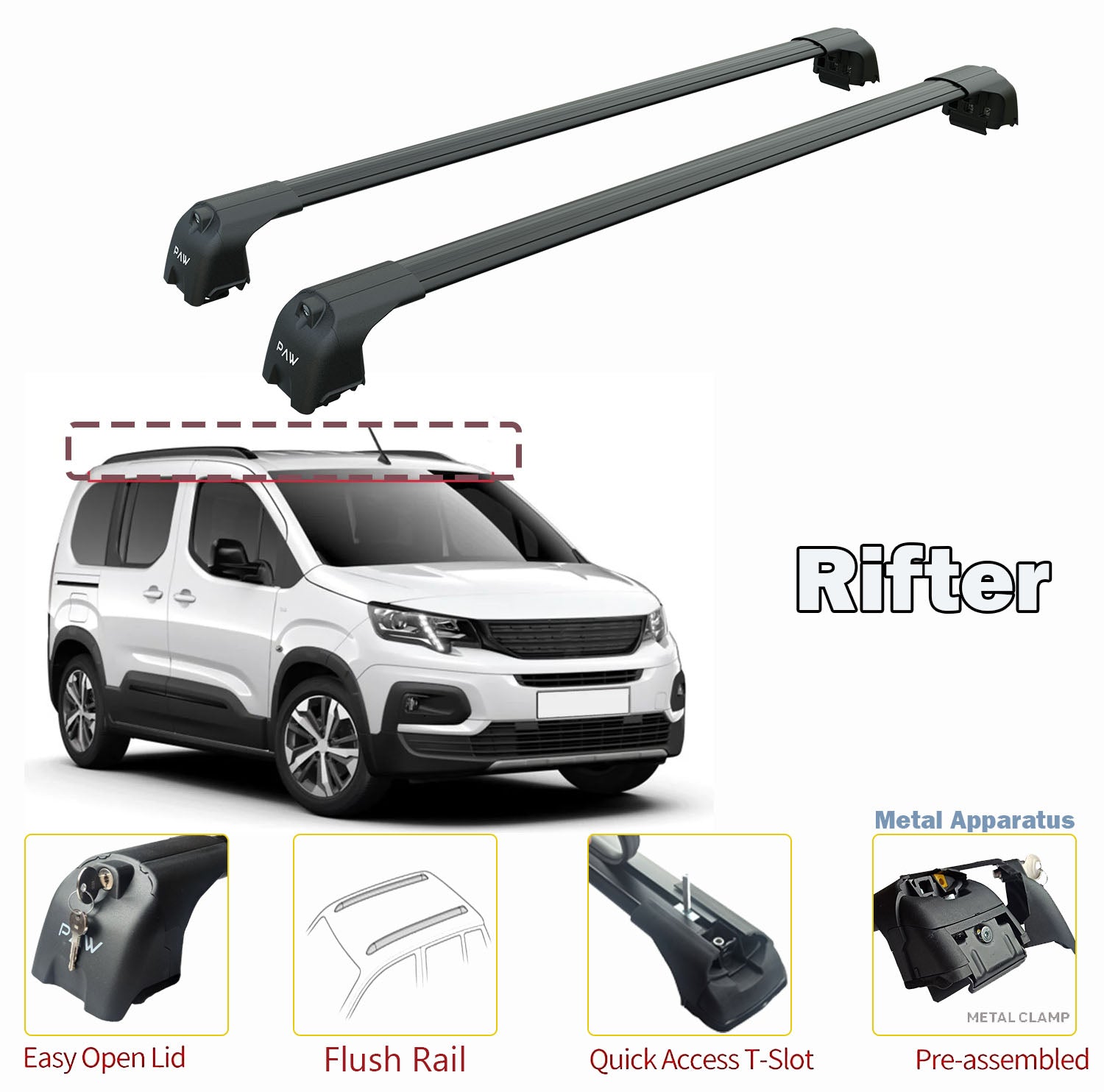 For Peugeot Rifter Roof Rack System, Aluminium Cross Bar, Metal Bracket, Flush Rail, Black 2023- Up