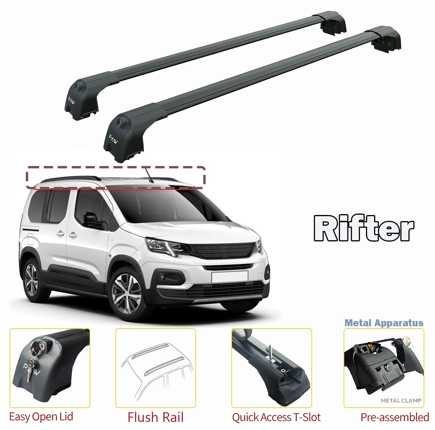 For Citroen Berlingo Roof Rack System, Aluminum Cross Bar, Black 2023- Up