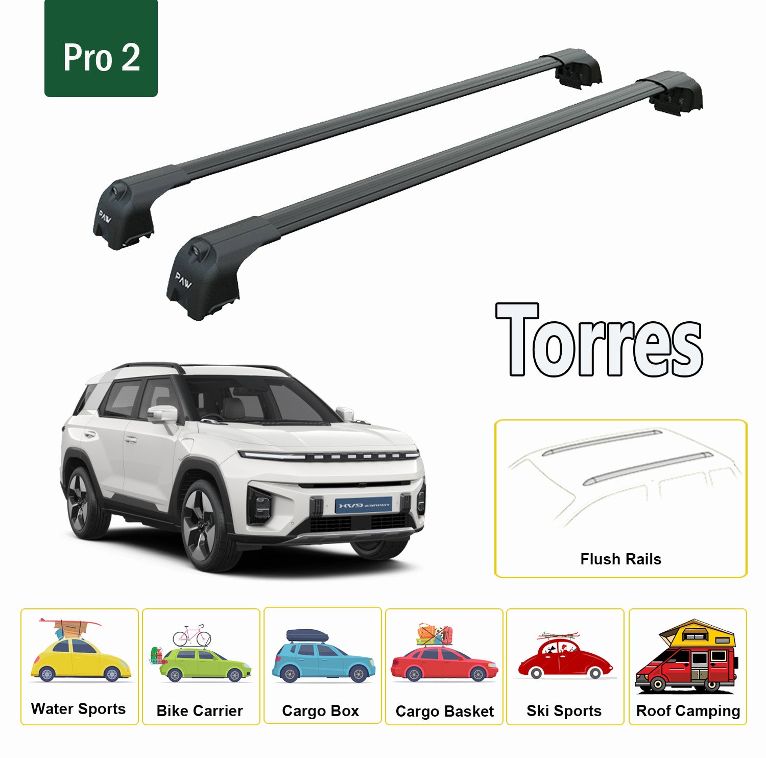 For Ssangyoung Torres Roof Rack System, Aluminium Cross Bar, Metal Bracket, Flush Rail, Black - 0