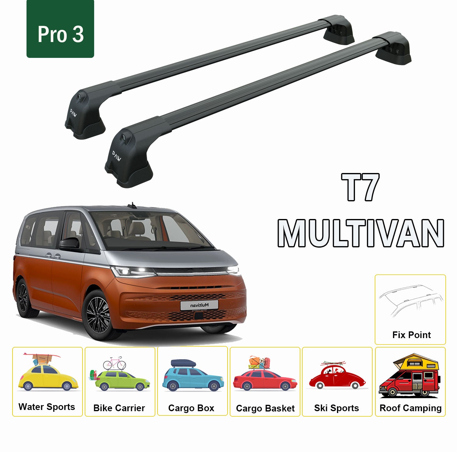 For Volkswagen T7 Multivan Roof Rack Cross Bar Fix Point Alu Black