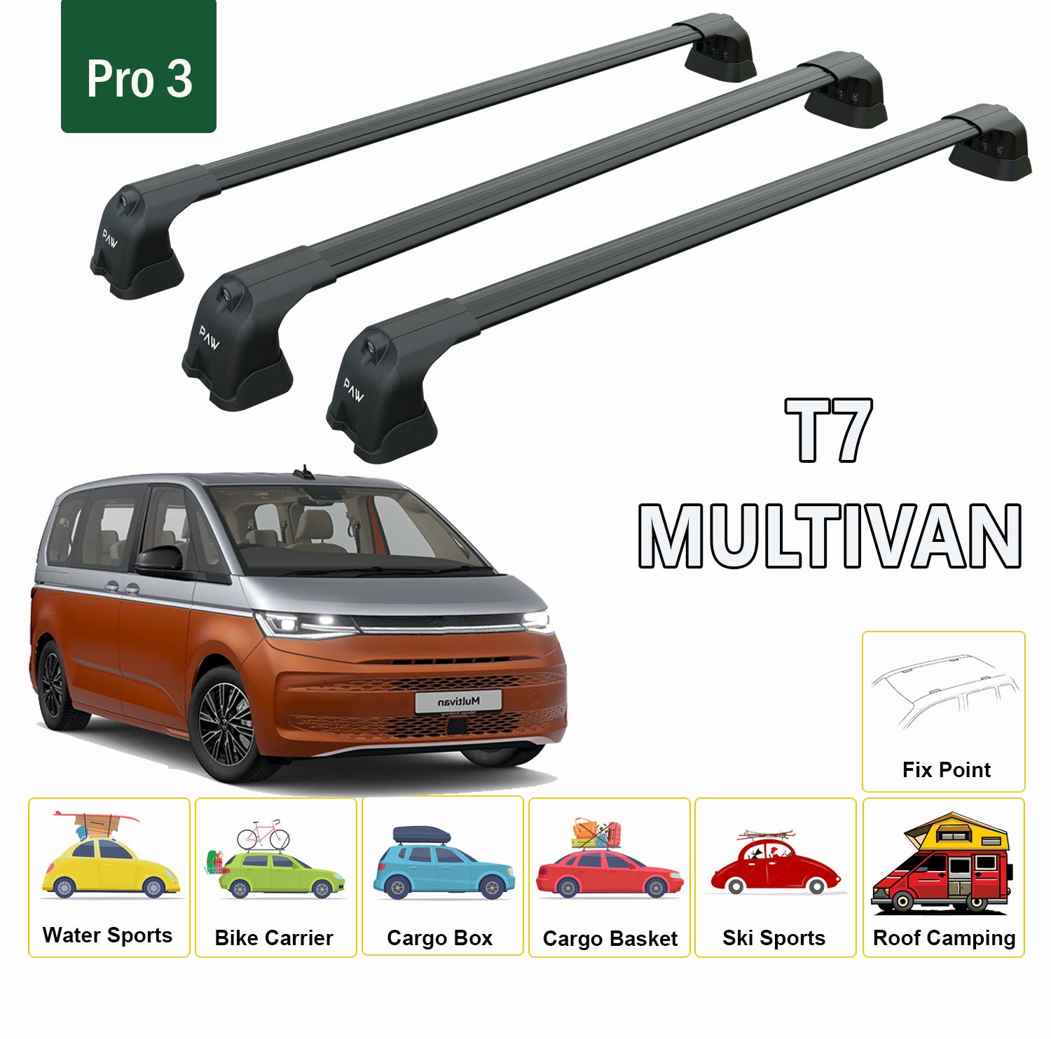 For Volkswagen T7 Multivan Roof Rack Cross Bar Fix Point 3 Qty Alu Black