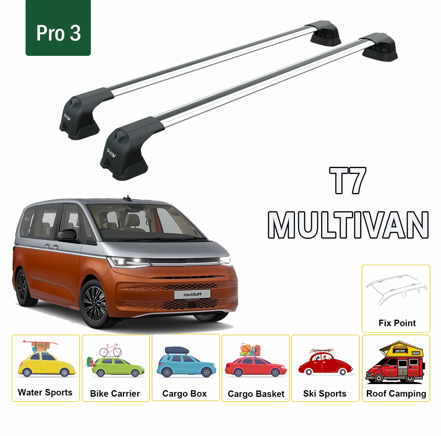 For Volkswagen T7 Multivan Roof Rack Cross Bar Fix Point Alu Silver