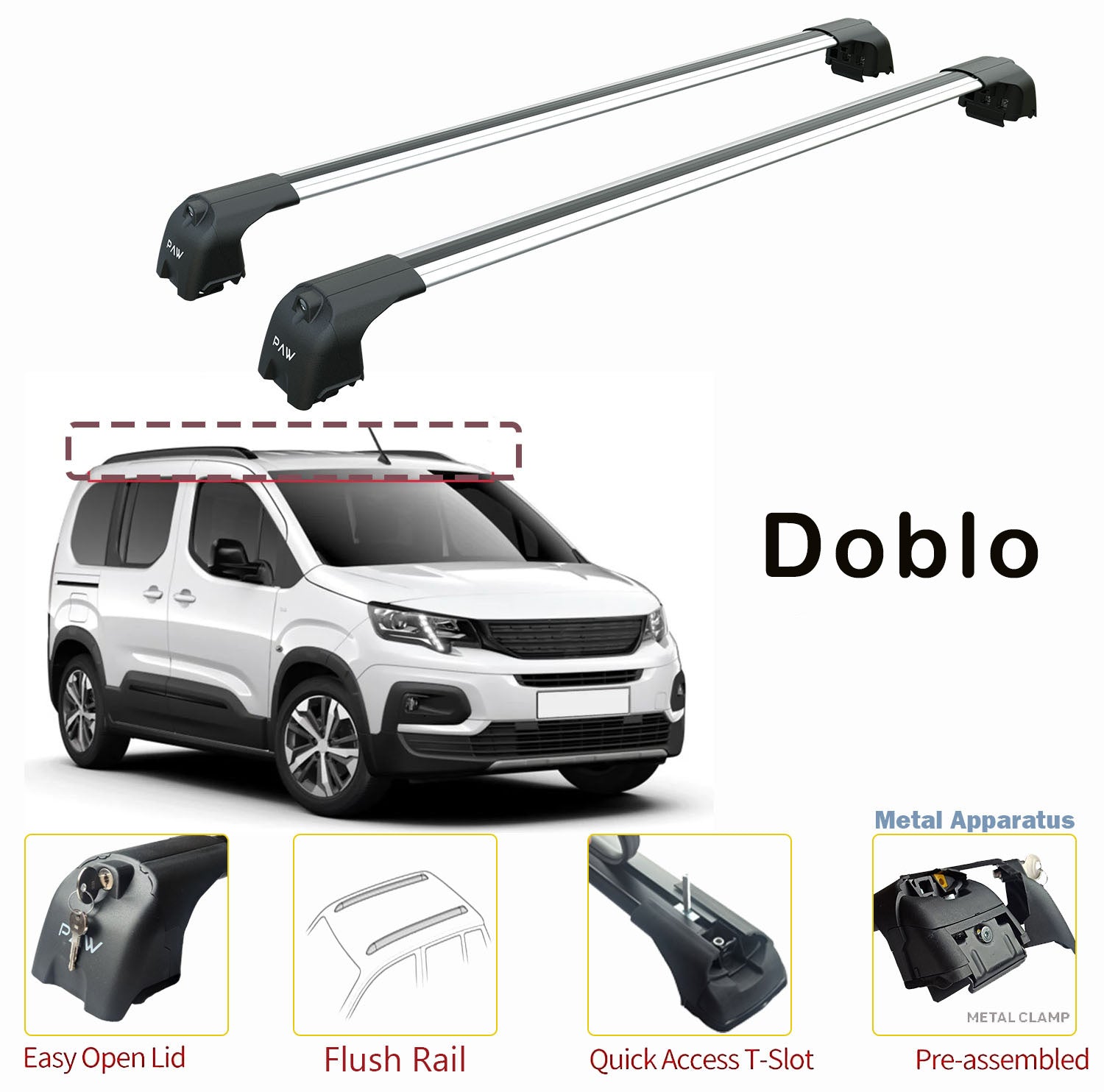 For Fiat Doblo Roof Rack System, Aluminium Cross Bar, Lockable, Silver 2023- Up