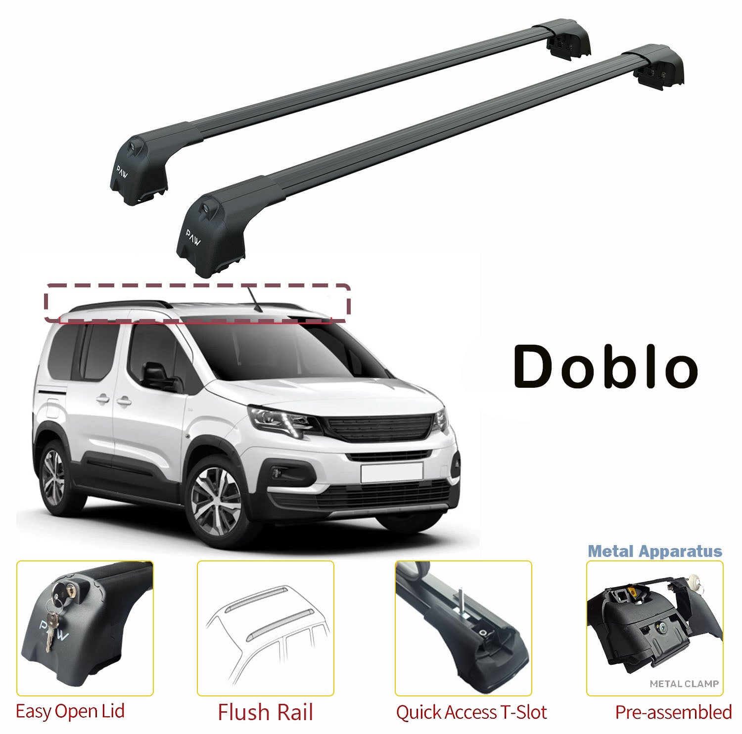 For Fiat Doblo Roof Rack System, Aluminium Cross Bar, Lockable, Black 2023- Up