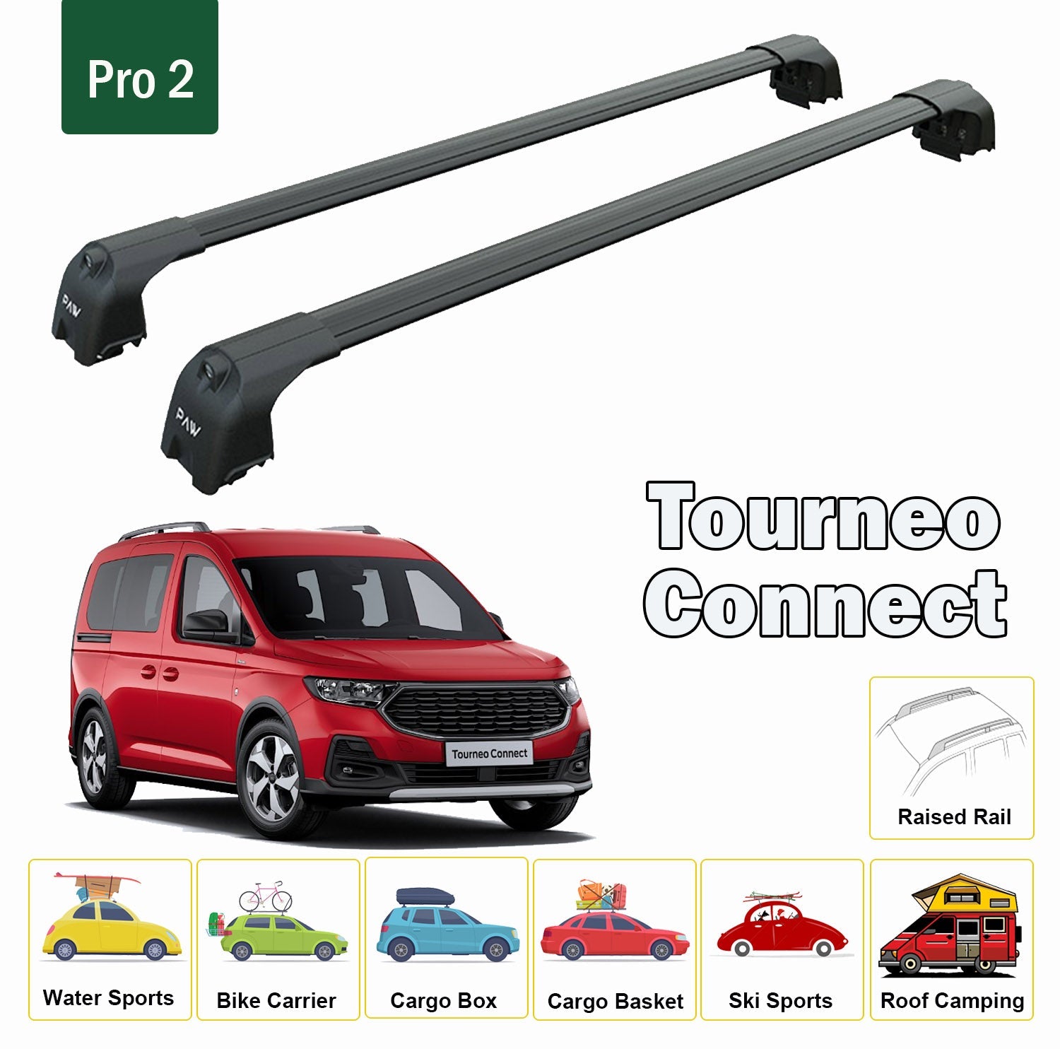 For Ford Tourneo Connect 2022-Up Roof Rack Cross Bars Raised Rail Alu Black