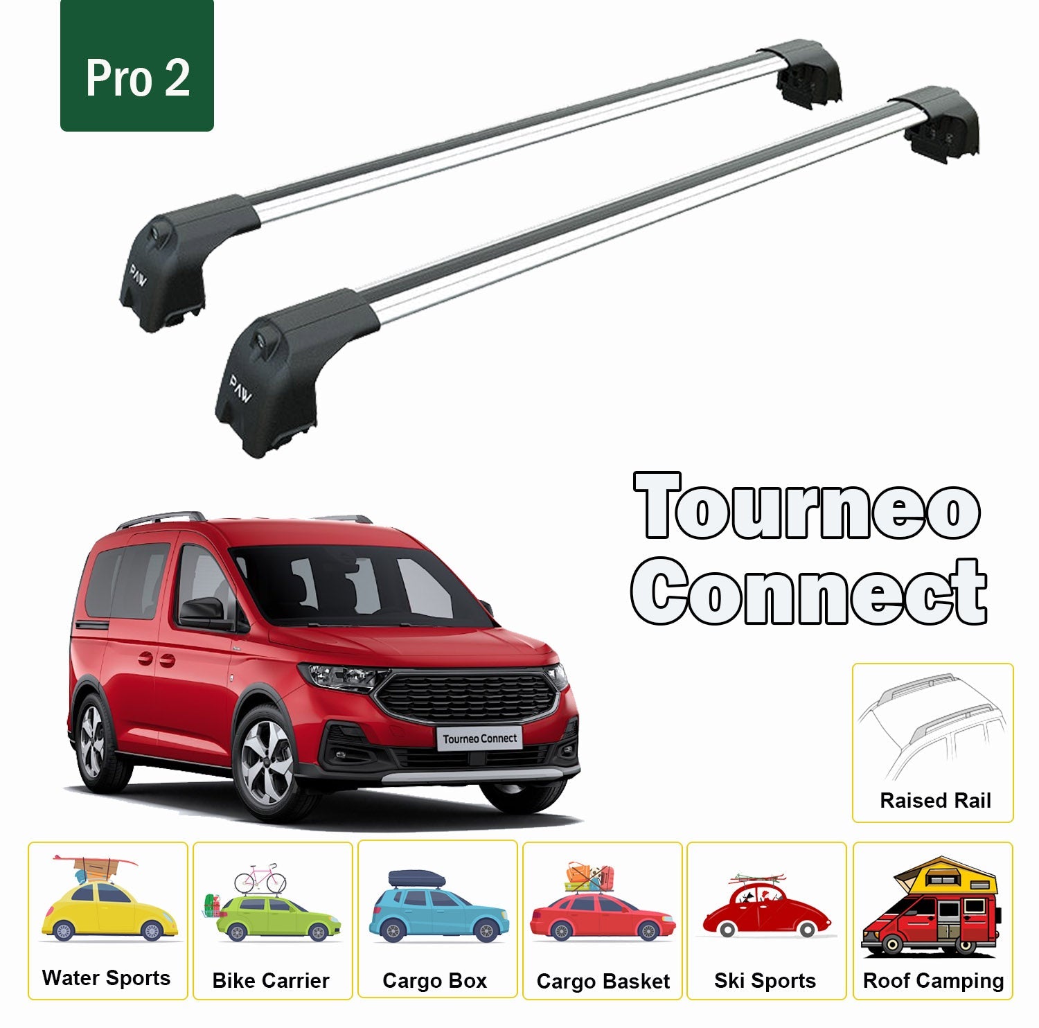 For Ford Tourneo Connect 2022-Up Roof Rack Cross Bars Metal Bracket Raised Rail Alu Silver