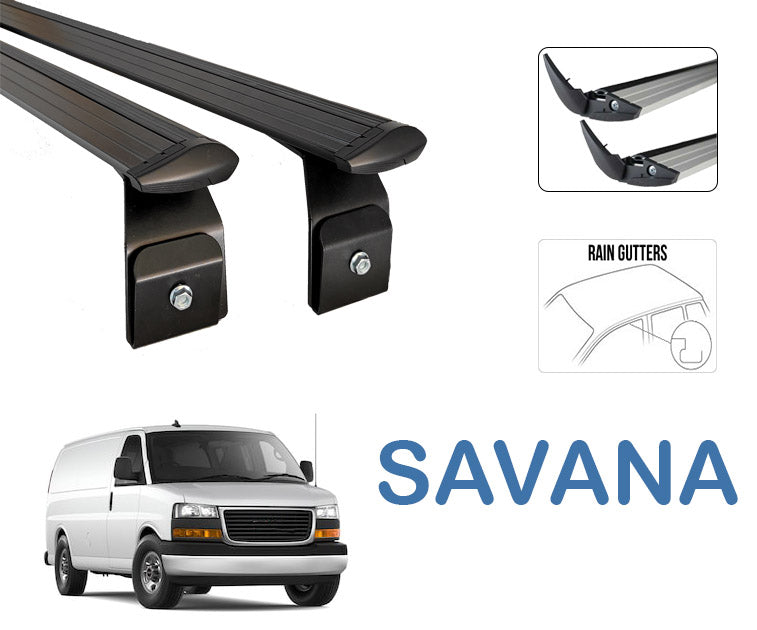 Für GMC Savana 2000–2021 Dachträgersystem, Aluminium-Querstange, Metallhalterung, abschließbar, mit Regenrinnen, schwarz - 0